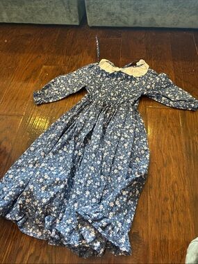 Blue Floral Long-Sleeve Kids Dress with Lace Collar
